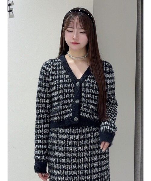 【美品✨】アドーア　ツイードライクニットカーディガン moment+ カーディガン Wポケット金ボタンツイードライクニット