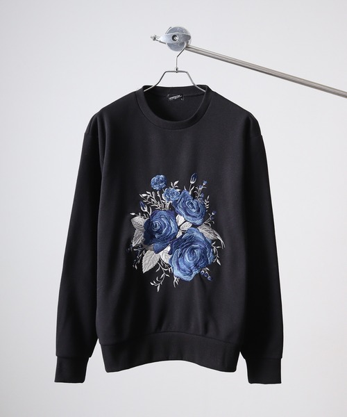 ハフ　刺繍ロゴ　人気デザイン　　スウェット セール】WS select ストレッチ裏起毛 バラ刺繍スウェットシャツ