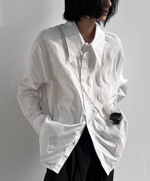 セール】フランス式 重工波 刺繍 白色 長袖 シャツ（シャツ/ブラウス  