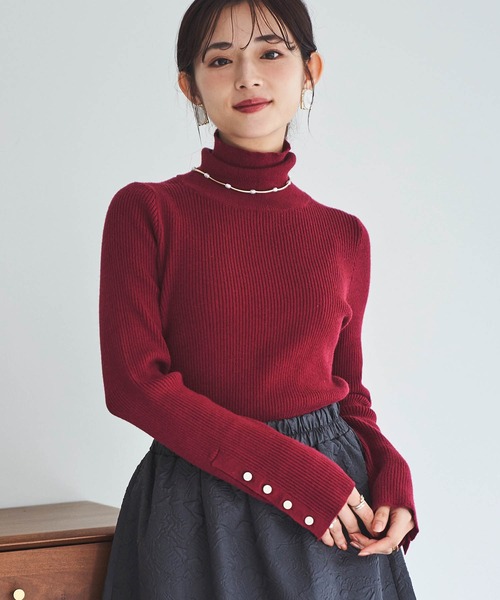 150㎝前後の小柄さんサイズ】袖ボタン ハイネックリブニット（ニット