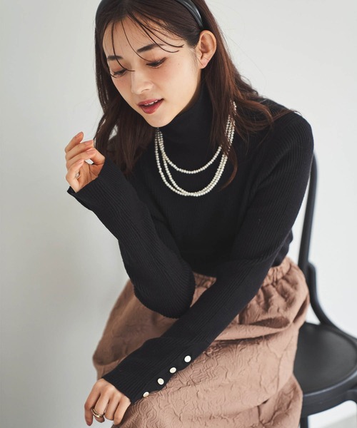 150㎝前後の小柄さんサイズ】袖ボタン ハイネックリブニット（ニット