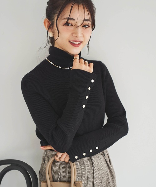 150㎝前後の小柄さんサイズ】袖ボタン ハイネックリブニット（ニット