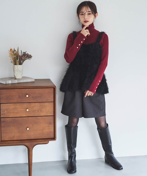 150㎝前後の小柄さんサイズ】袖ボタン ハイネックリブニット（ニット