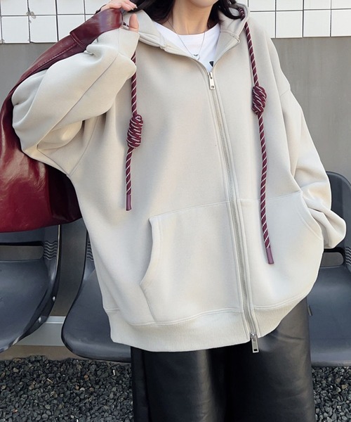 aimoha（アイモハ）の「オーバーサイズ裏起毛ドロストフルジップパーカー (AW)（パーカー・レディース・ベージュ/パープル/ネイビー/杢グレー・FREE）」の3枚目の写真