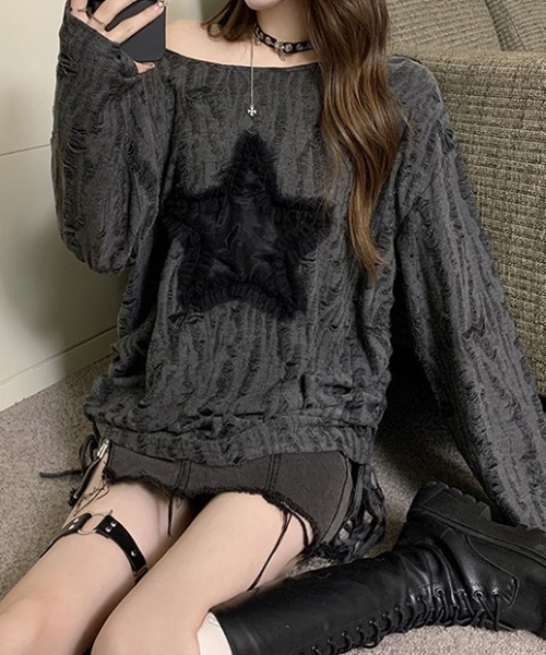 lilful(リルフル)の「クラッシュダメージ加工サイドシャーリングスターモチーフニット(ニット/セーター・レディース・グレー/ホワイト・F)」の17枚目の写真