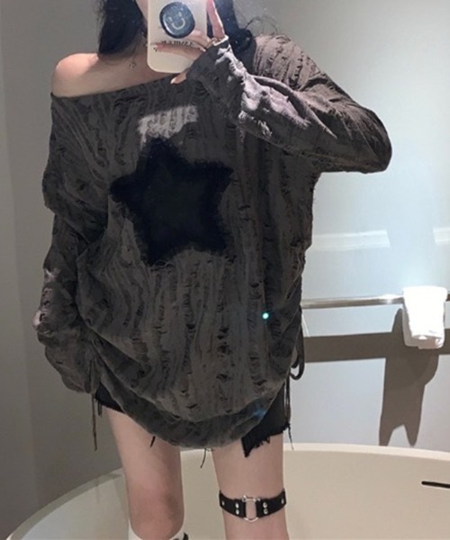 lilful(リルフル)の「クラッシュダメージ加工サイドシャーリングスターモチーフニット(ニット/セーター・レディース・グレー/ホワイト・F)」の18枚目の写真