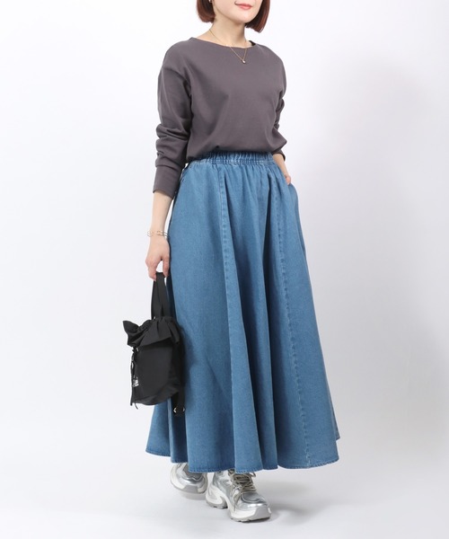 Dickies（ディッキーズ）の「Dickies（ディッキーズ）カラーツイル・デニムフレアスカート/ロングスカート レディース（スカート・レディース・インディゴブルー/ベージュ/オレンジ/チャコールグレー/ブラック・L/M）」の19枚目の写真