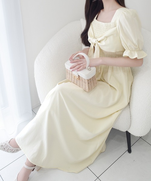 mily bilet(ミウィビレット)の「【mily bilet】一目ぼれ確定。大人フェミニン♪ビッグリボン使いシャーリングワンピース(ロング丈)(ワンピース・レディース・ブルー/ピンクベージュ/アイボリー/アイボリー系1・MEDIUM/LARGE/SMALL/X-LARGE)」の7枚目の写真