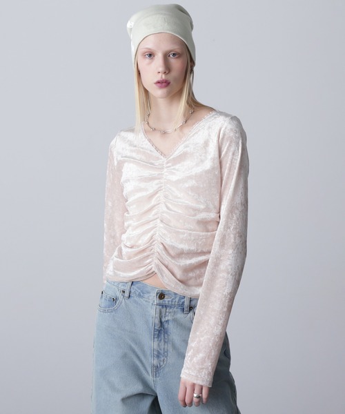 ROSE BUD（ローズバッド）の「(CREOLME)シャーリングベロアトップス（Tシャツ/カットソー・レディース・ホワイト/カーキ/ブルー・ONE SIZE）」の7枚目の写真