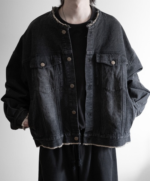 RUUBON】no collar fringe denim jacket / ノーカラーフリンジ