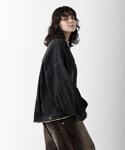 セール】【RUUBON】no collar fringe denim jacket / ノーカラー