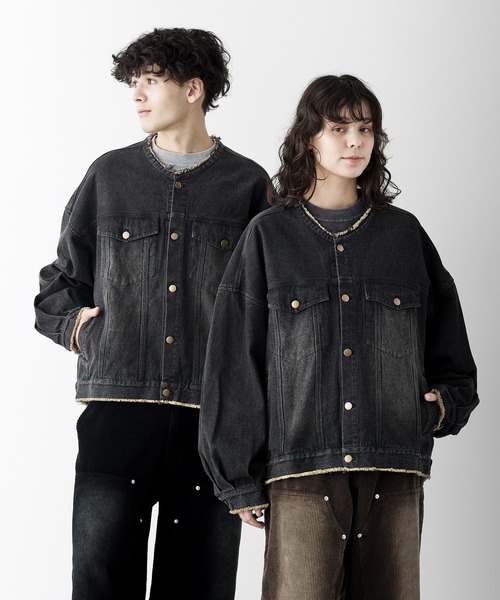 RUUBON】no collar fringe denim jacket / ノーカラーフリンジ