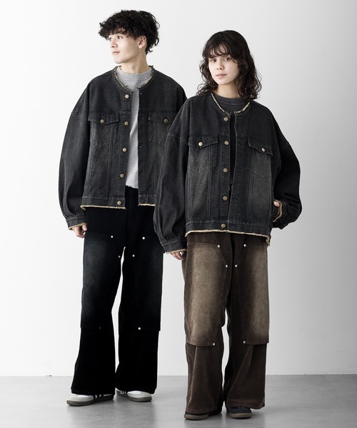 RUUBON】no collar fringe denim jacket / ノーカラーフリンジ