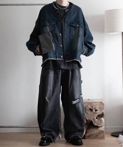 RUUBON】no collar fringe denim jacket / ノーカラーフリンジ