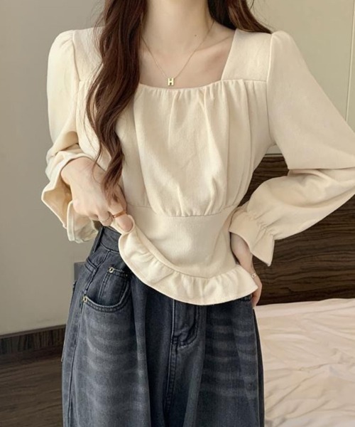 SallyLunn(サリーラン)の「スクエアネックフリルトップス(Tシャツ/カットソー・レディース・アイボリー/ブラック・LARGE/MEDIUM)」の2枚目の写真