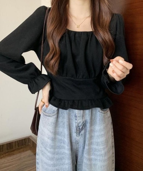 SallyLunn(サリーラン)の「スクエアネックフリルトップス(Tシャツ/カットソー・レディース・アイボリー/ブラック・LARGE/MEDIUM)」の1枚目の写真