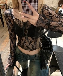 胸リボンレースシアートップス