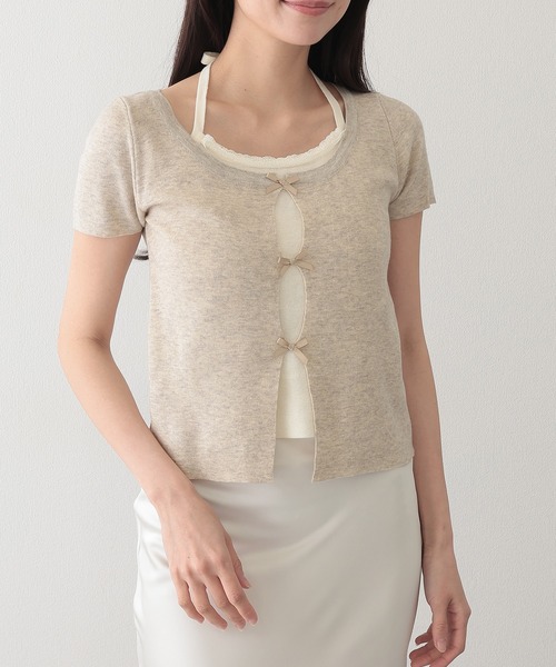 Lace Ladies(レースレディース)の「ホルターネック リボン付き ドッキング 半袖 ニット トップス(ニット/セーター・レディース・アイボリー/グレイッシュベージュ/グレー/ブルー・FREE)」の4枚目の写真