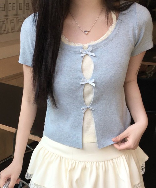Lace Ladies(レースレディース)の「ホルターネック リボン付き ドッキング 半袖 ニット トップス(ニット/セーター・レディース・アイボリー/グレイッシュベージュ/グレー/ブルー・FREE)」の1枚目の写真