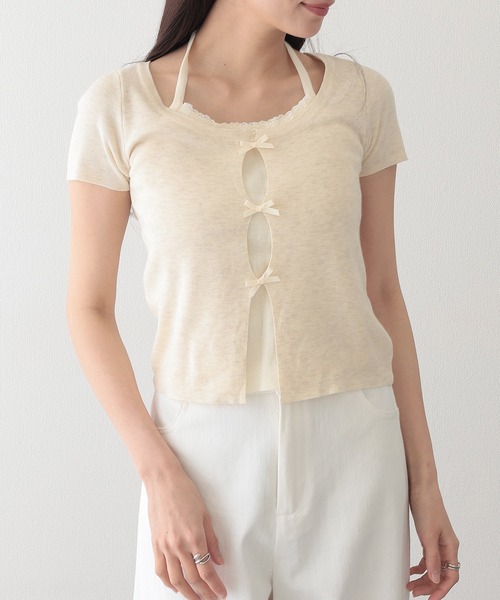 Lace Ladies(レースレディース)の「ホルターネック リボン付き ドッキング 半袖 ニット トップス(ニット/セーター・レディース・アイボリー/グレイッシュベージュ/グレー/ブルー・FREE)」の22枚目の写真