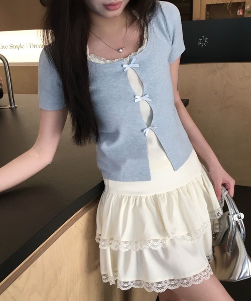 Lace Ladies(レースレディース)の「ホルターネック リボン付き ドッキング 半袖 ニット トップス(ニット/セーター・レディース・アイボリー/グレイッシュベージュ/グレー/ブルー・FREE)」の5枚目の写真