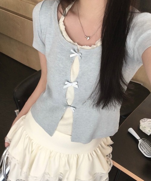 Lace Ladies(レースレディース)の「ホルターネック リボン付き ドッキング 半袖 ニット トップス(ニット/セーター・レディース・アイボリー/グレイッシュベージュ/グレー/ブルー・FREE)」の6枚目の写真