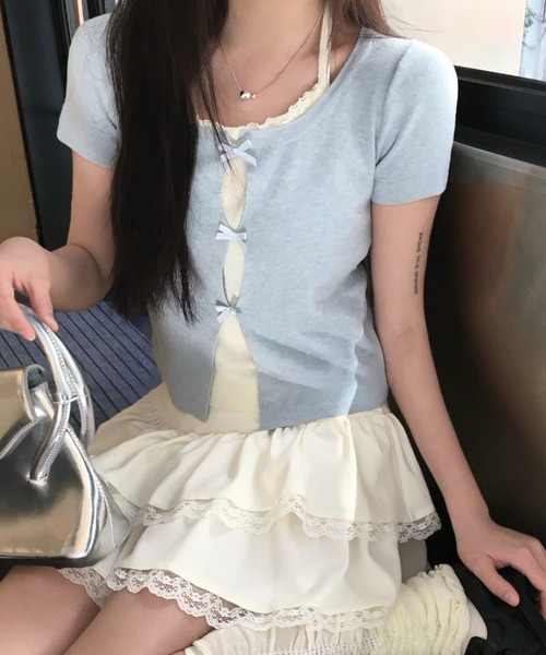 Lace Ladies(レースレディース)の「ホルターネック リボン付き ドッキング 半袖 ニット トップス(ニット/セーター・レディース・アイボリー/グレイッシュベージュ/グレー/ブルー・FREE)」の7枚目の写真