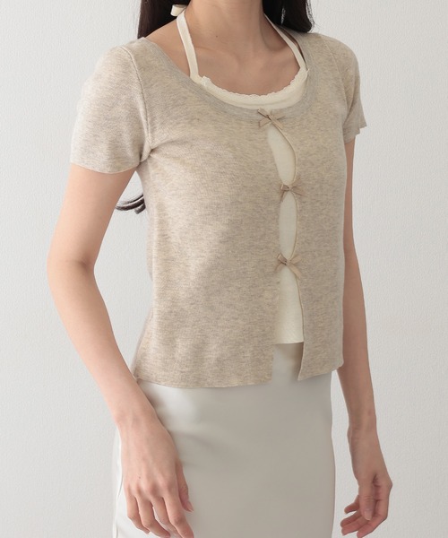 Lace Ladies(レースレディース)の「ホルターネック リボン付き ドッキング 半袖 ニット トップス(ニット/セーター・レディース・アイボリー/グレイッシュベージュ/グレー/ブルー・FREE)」の16枚目の写真
