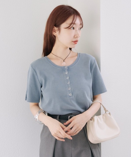 tシャツ 「新色追加/5色展開/XS.Fサイズ展開」ピグメントヘンリーTEE レディース Kastane tシャツ 「新色追加/5色展開/XS.Fサイズ展開