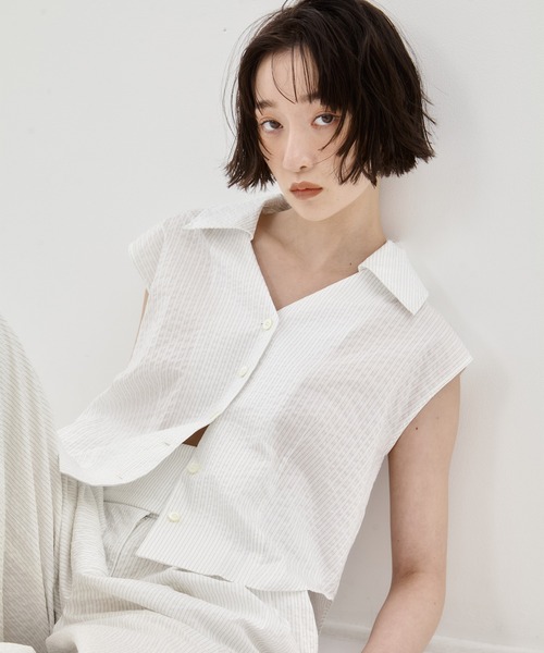 STUDIOUS(ステュディオス)の「【STUDIOUS/ステュディオス】Seersucker Sleeveless Shirt/シアサッカースリーブレスシャツ/ブラウス(シャツ/ブラウス・レディース・ブラック/ホワイト/ストライプ・FREE)」の8枚目の写真