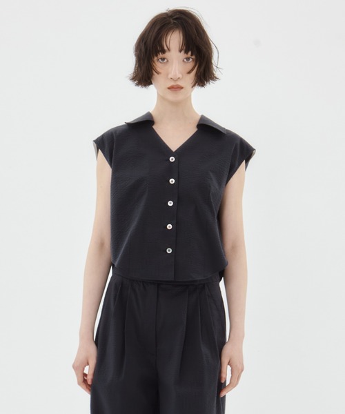 STUDIOUS(ステュディオス)の「【STUDIOUS/ステュディオス】Seersucker Sleeveless Shirt/シアサッカースリーブレスシャツ/ブラウス(シャツ/ブラウス・レディース・ブラック/ホワイト/ストライプ・FREE)」の22枚目の写真