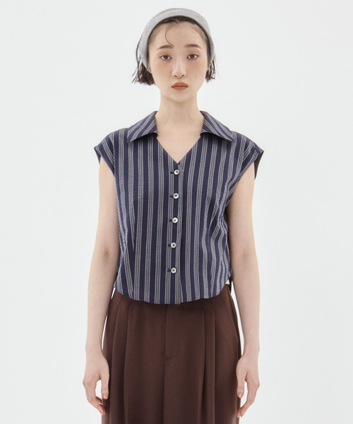 STUDIOUS(ステュディオス)の「【STUDIOUS/ステュディオス】Seersucker Sleeveless Shirt/シアサッカースリーブレスシャツ/ブラウス(シャツ/ブラウス・レディース・ブラック/ホワイト/ストライプ・FREE)」の16枚目の写真