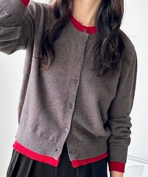 フェイクレイヤードクルーネックカーデ