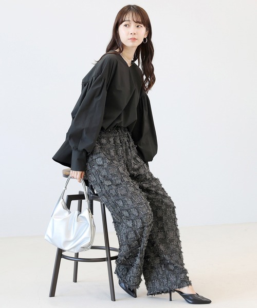 Aletta vita（アレッタビータ）の「チェックフリンジジャガードイージーワイドパンツ（その他パンツ・レディース・ベージュ/ブラック・M）」の9枚目の写真