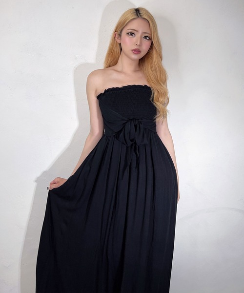 BLACKQUEEN(ブラッククイーン)の「【BLACKQUEEN】シャーリングリボンベアマキシワンピース(ワンピース・レディース・ベージュ/ブラック・M)」の2枚目の写真