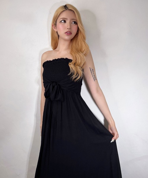 BLACKQUEEN(ブラッククイーン)の「【BLACKQUEEN】シャーリングリボンベアマキシワンピース(ワンピース・レディース・ベージュ/ブラック・M)」の14枚目の写真