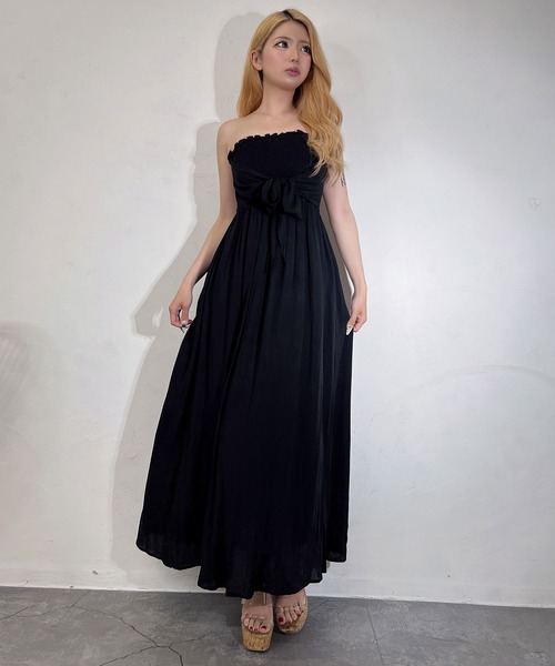 BLACKQUEEN(ブラッククイーン)の「【BLACKQUEEN】シャーリングリボンベアマキシワンピース(ワンピース・レディース・ベージュ/ブラック・M)」の4枚目の写真