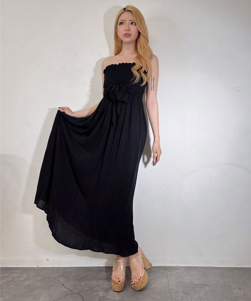 BLACKQUEEN(ブラッククイーン)の「【BLACKQUEEN】シャーリングリボンベアマキシワンピース(ワンピース・レディース・ベージュ/ブラック・M)」の18枚目の写真