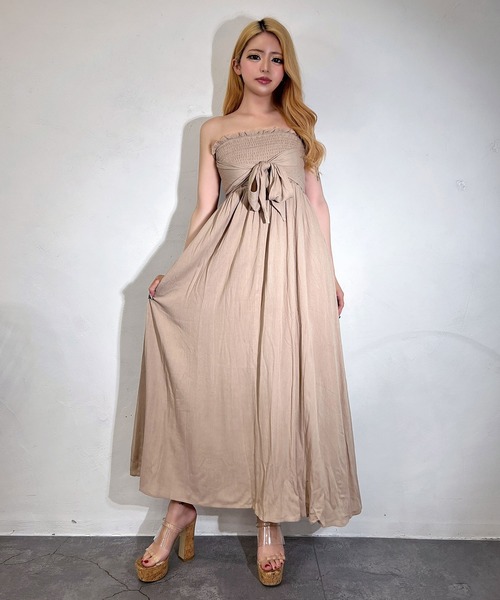 BLACKQUEEN(ブラッククイーン)の「【BLACKQUEEN】シャーリングリボンベアマキシワンピース(ワンピース・レディース・ベージュ/ブラック・M)」の10枚目の写真