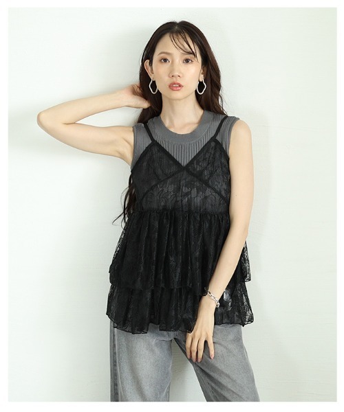 Sawa a la mode(サワアラモード)の「フラワーレースキャミソール&リブニット2点セット(アンサンブル・レディース・ブラック/ブルー・FREE)」の15枚目の写真