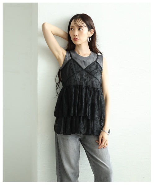 Sawa a la mode(サワアラモード)の「フラワーレースキャミソール&リブニット2点セット(アンサンブル・レディース・ブラック/ブルー・FREE)」の21枚目の写真