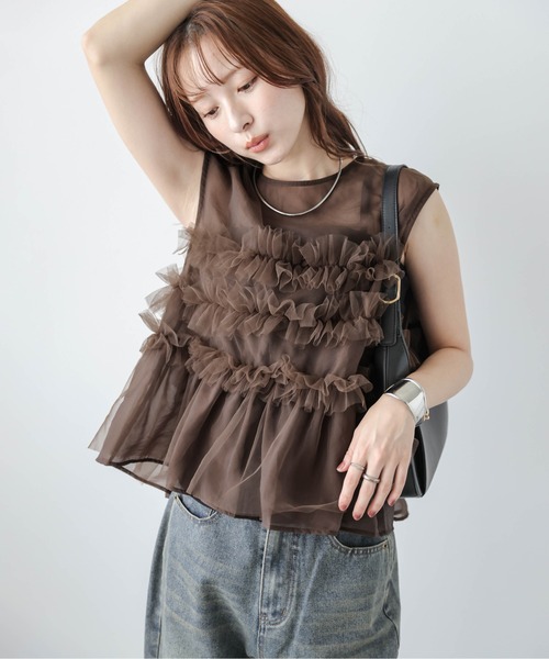 AMELY（エミリー）の「前後2way チュールフリル シアーブラウス（シャツ/ブラウス・レディース・ブラウン/ブラック/アイボリー・フリー）」の3枚目の写真