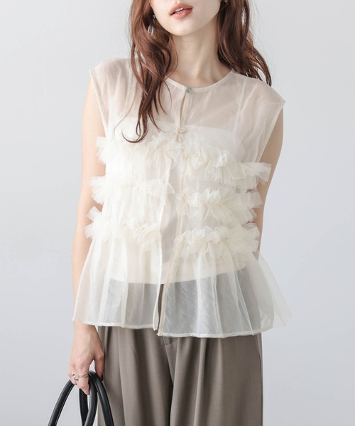 AMELY（エミリー）の「前後2way チュールフリル シアーブラウス（シャツ/ブラウス・レディース・ブラウン/ブラック/アイボリー・フリー）」の2枚目の写真