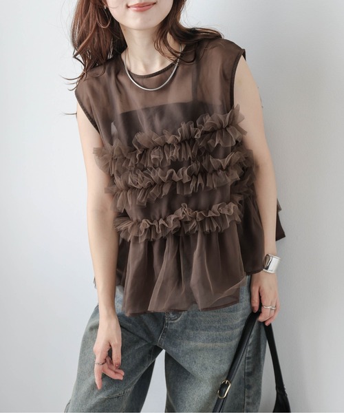 AMELY（エミリー）の「前後2way チュールフリル シアーブラウス（シャツ/ブラウス・レディース・ブラウン/ブラック/アイボリー・フリー）」の22枚目の写真