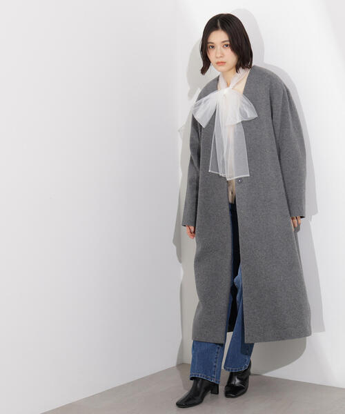セール】【PS/低身長サイズ】カラーレスロングコート（ノーカラー