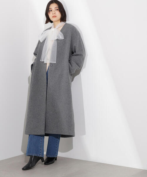 セール】【PS/低身長サイズ】カラーレスロングコート（ノーカラー