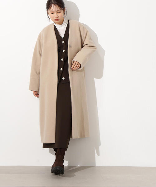 セール】【PS/低身長サイズ】カラーレスロングコート（ノーカラー