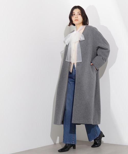 セール】【PS/低身長サイズ】カラーレスロングコート（ノーカラー