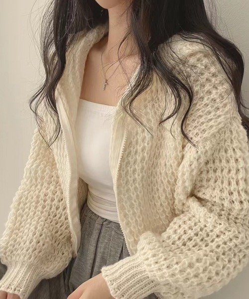 ADDITION STORE（アディションストア）の「【トレンドのショート丈、ワイドシルエット】ざっくりニット フルジップパーカー /　Rough knitting full zip hoodie（カーディガン/ボレロ・レディース・ベージュ/ピンク/グレー/オフホワイト・FREE）」の2枚目の写真