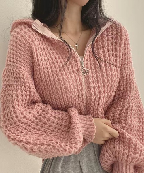 ADDITION STORE（アディションストア）の「【トレンドのショート丈、ワイドシルエット】ざっくりニット フルジップパーカー /　Rough knitting full zip hoodie（カーディガン/ボレロ・レディース・ベージュ/ピンク/グレー/オフホワイト・FREE）」の4枚目の写真